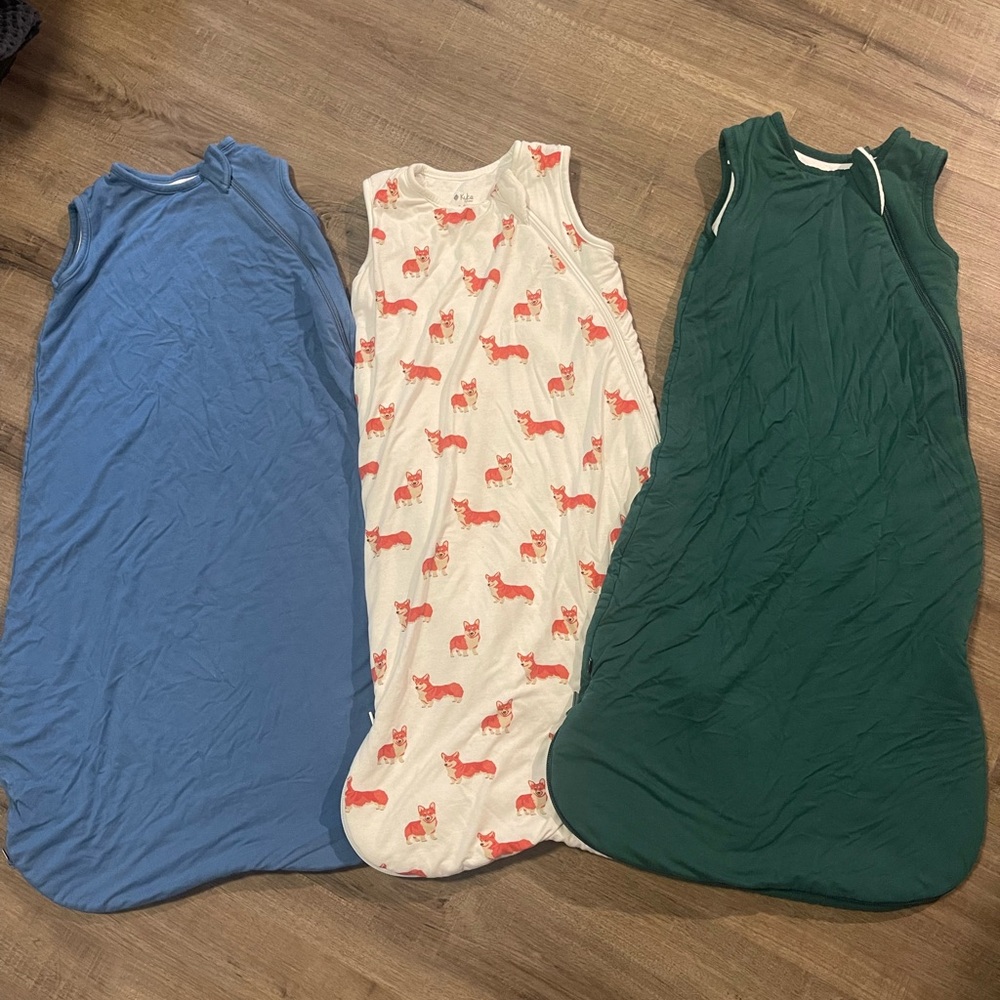 Kyte BABY corgi and green Belan. J blue sleep sacks 0.5 and 1.0 tog